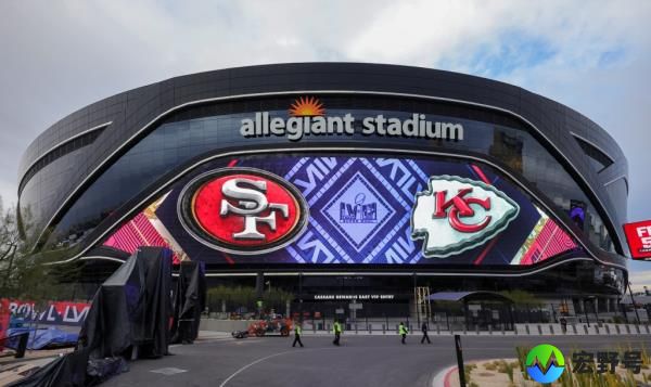 LAS VEGAS, NEVADA - FEBRUARY 01: A video board displays logos for Super Bowl LVIII at Allegiant Stadium 