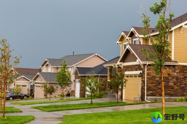 Typical American suburban community with model homes.