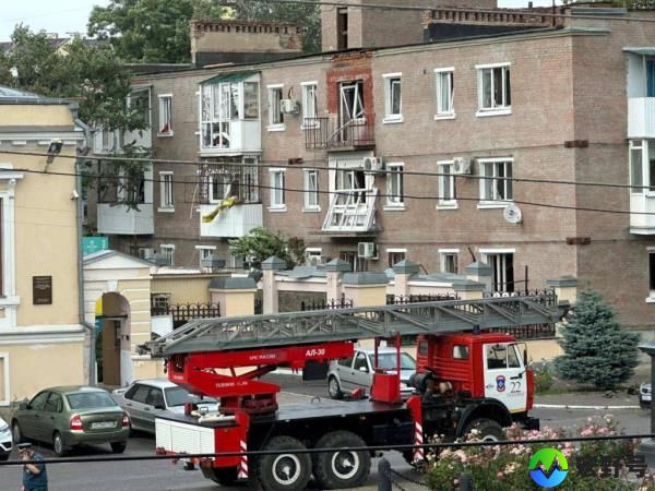 View of a damaged building near the site of the blast in the center of Taganrog