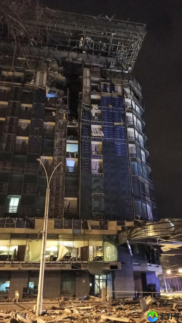 A view shows the Kharkiv Palace Hotel heavily damaged by a Russian missile strike, amid Russia