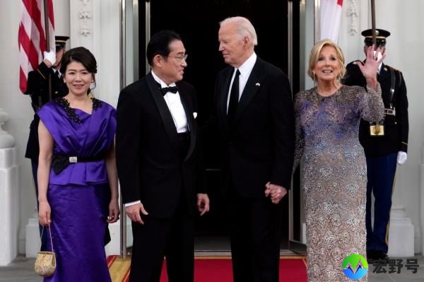 President Biden and first lady Jill Biden with Japanese Prime Minister Fumio Kishida and his wife Yuko Kishida at the White House for a State Dinner on April 10, 2024.