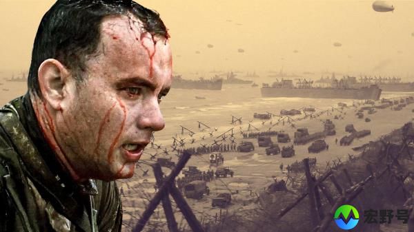 An edited image of Tom Hanks with blood dripping down his face on the beaches of Normandy in Saving Private Ryan