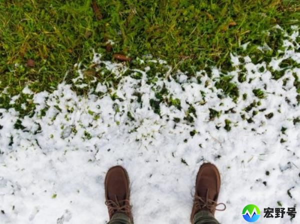 Man in brown boots standing on melting snow on green grass. Co<em></em>nceptual photograph of the movement toward spring. Co<em></em>nceptual image a<em></em>bout improving life. View from above.