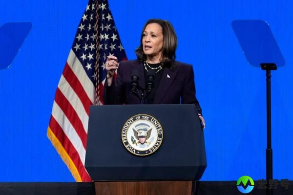 Vice President Kamala Harris speaking at a podium during the American Federation of Teachers