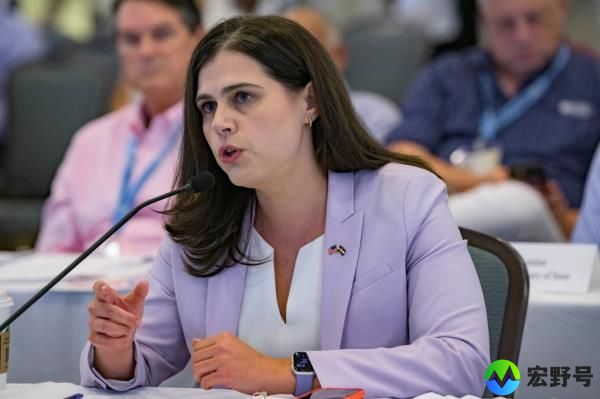 Colorado Secretary of State Jena Griswold talks a<em></em>bout recent threats against her in Colorado during a committee meeting a<em></em>bout threats lead by a representative from the US Department of Justice at the summer co<em></em>nference of the Natio<em></em>nal Association of Secretaries of State in Baton Rouge, La., Friday, July 8, 2022