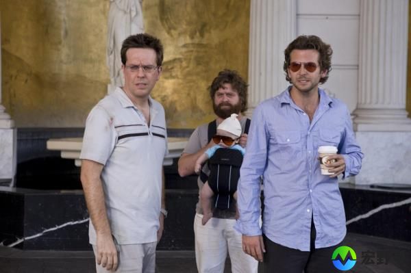 Ed Helms, Zach Galifianakis, and Bradley Cooper holding coffee. 