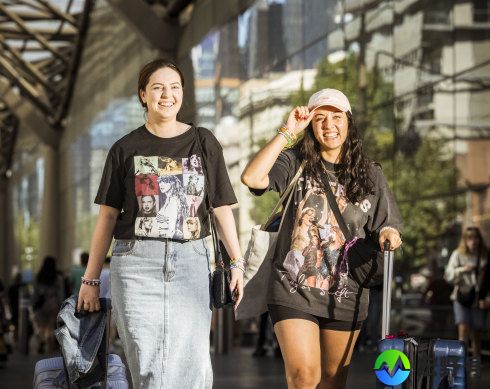 Tourists Siobhan Rafter (left) and Lillian Dahya went to the Saturday Taylor Swift co<em></em>ncert and spent days shopping in Melbourne.